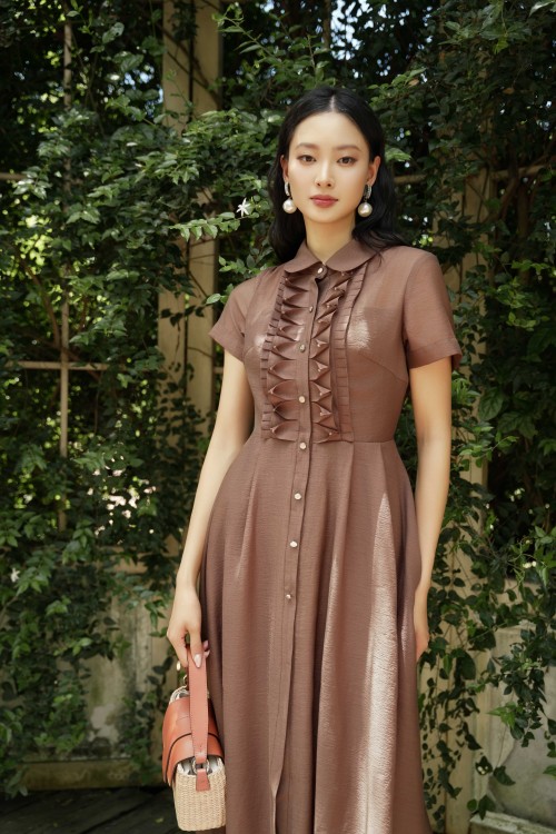 Sixdo Dark Brown Organza Flared Dress
